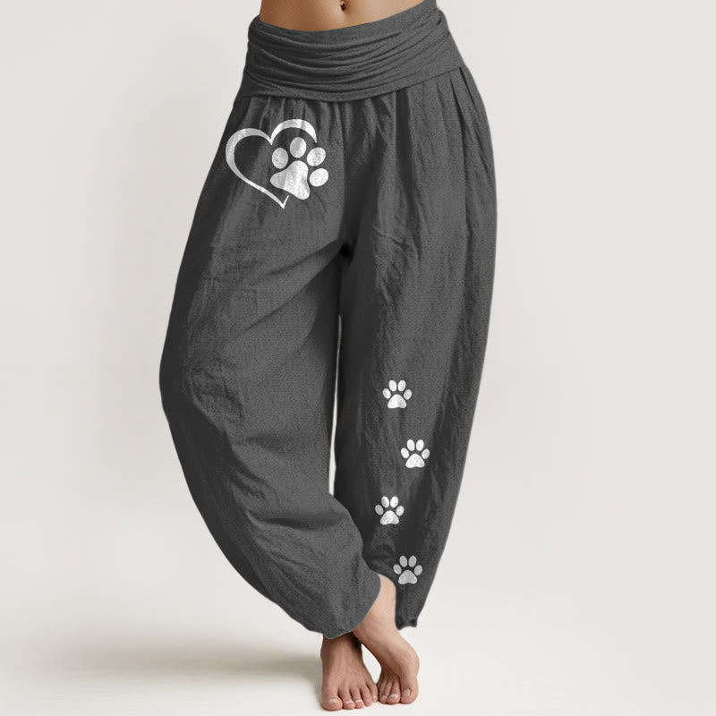 Nimara Ritual Pure Cotton Concise Cat Paw Prints Heart-Shaped Pattern Women's Elastic Waist Harem Pants