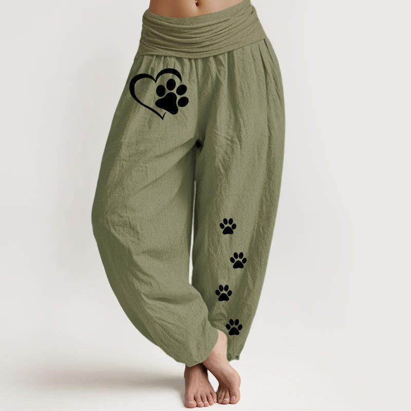 Nimara Ritual Pure Cotton Concise Cat Paw Prints Heart-Shaped Pattern Women's Elastic Waist Harem Pants