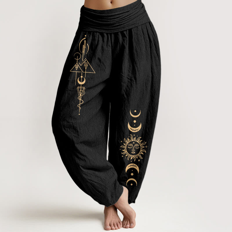 Nimara Ritual Pure Cotton Concise Sun Moon Geometric Pattern Women's Elastic Waist Harem Pants