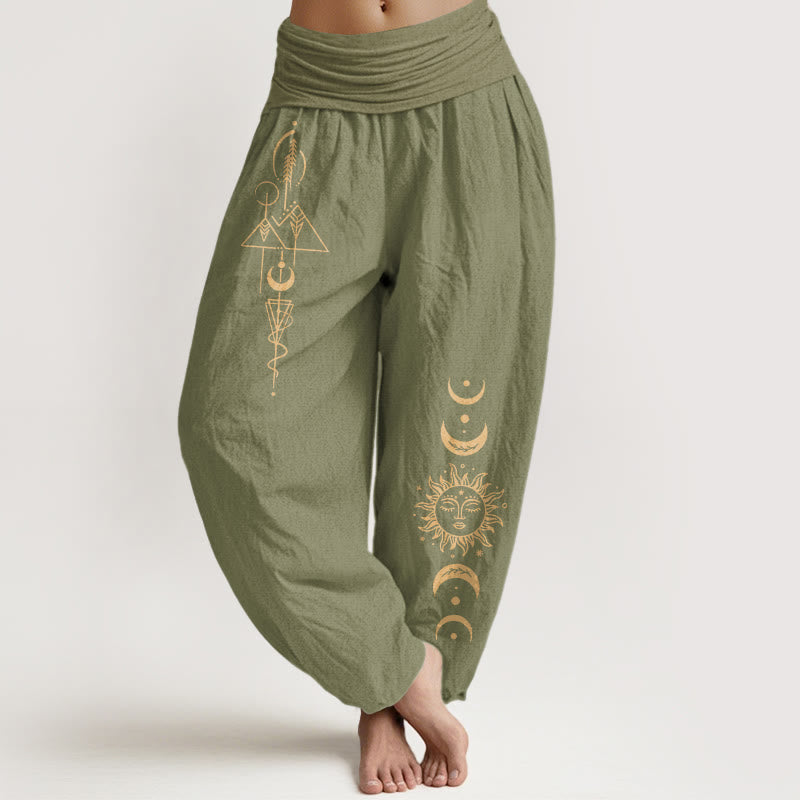 Nimara Ritual Pure Cotton Concise Sun Moon Geometric Pattern Women's Elastic Waist Harem Pants