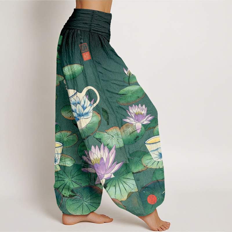 Nimara Ritual Pure Cotton Fresh Teapot Cup Lotus Flower Leaf Pattern Women's Elastic Waist Harem Pants