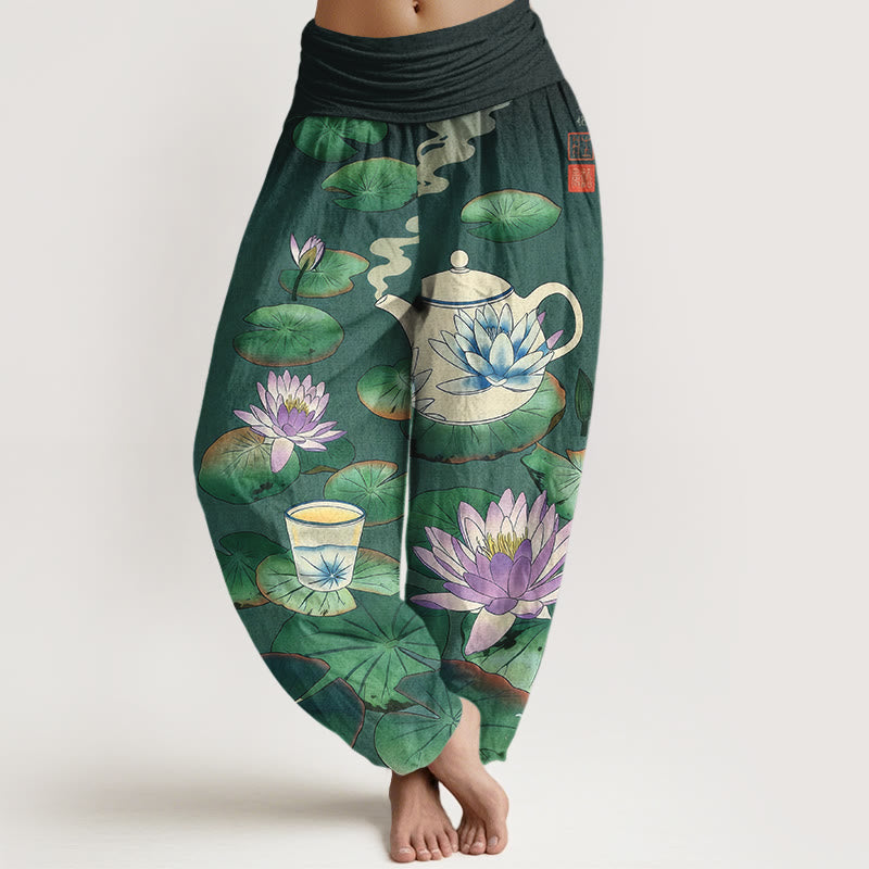 Nimara Ritual Pure Cotton Fresh Teapot Cup Lotus Flower Leaf Pattern Women's Elastic Waist Harem Pants