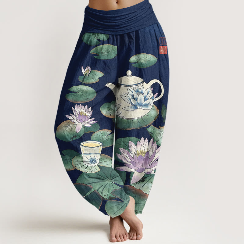 Nimara Ritual Pure Cotton Fresh Teapot Cup Lotus Flower Leaf Pattern Women's Elastic Waist Harem Pants