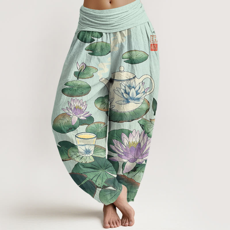 Nimara Ritual Pure Cotton Fresh Teapot Cup Lotus Flower Leaf Pattern Women's Elastic Waist Harem Pants