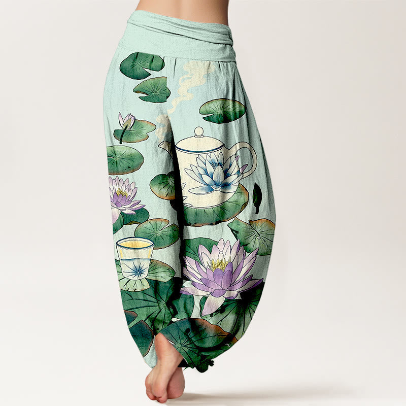 Nimara Ritual Pure Cotton Fresh Teapot Cup Lotus Flower Leaf Pattern Women's Elastic Waist Harem Pants
