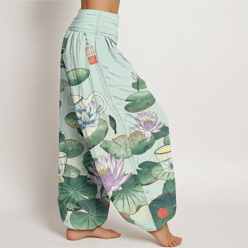 Nimara Ritual Pure Cotton Fresh Teapot Cup Lotus Flower Leaf Pattern Women's Elastic Waist Harem Pants