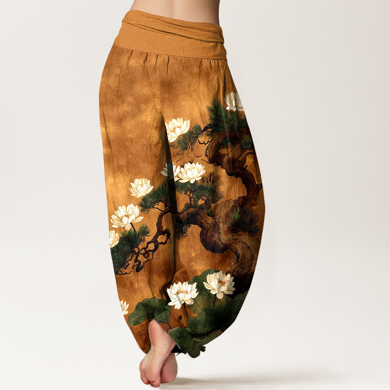 Nimara Ritual Pure Cotton Elegant Pine Tree Lotus Flower Leaf Pattern Women's Elastic Waist Harem Pants