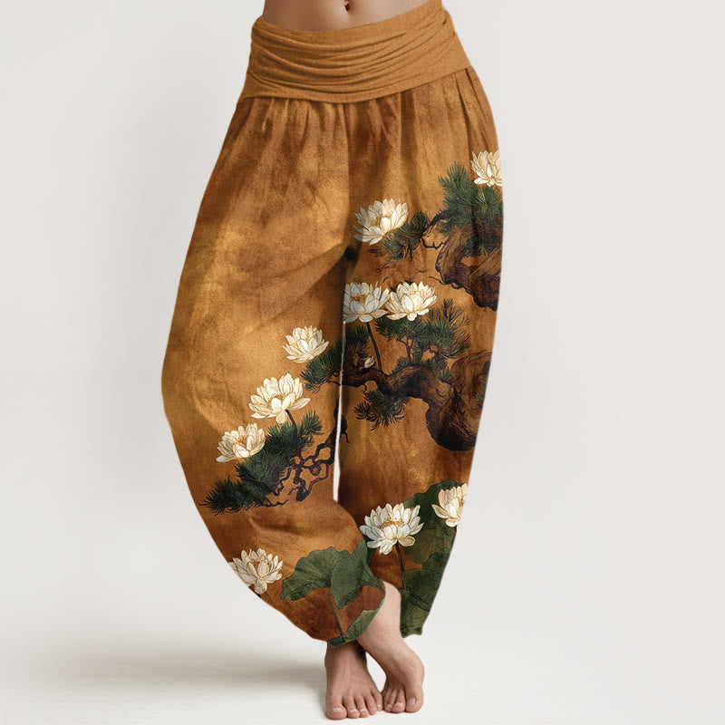 Nimara Ritual Pure Cotton Elegant Pine Tree Lotus Flower Leaf Pattern Women's Elastic Waist Harem Pants
