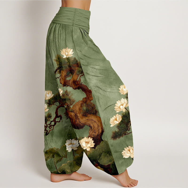 Nimara Ritual Pure Cotton Elegant Pine Tree Lotus Flower Leaf Pattern Women's Elastic Waist Harem Pants