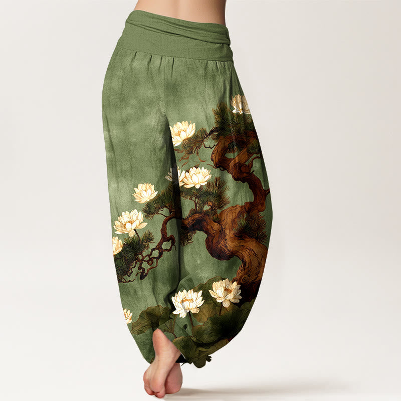 Nimara Ritual Pure Cotton Elegant Pine Tree Lotus Flower Leaf Pattern Women's Elastic Waist Harem Pants