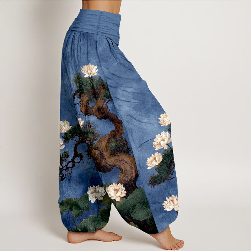 Nimara Ritual Pure Cotton Elegant Pine Tree Lotus Flower Leaf Pattern Women's Elastic Waist Harem Pants