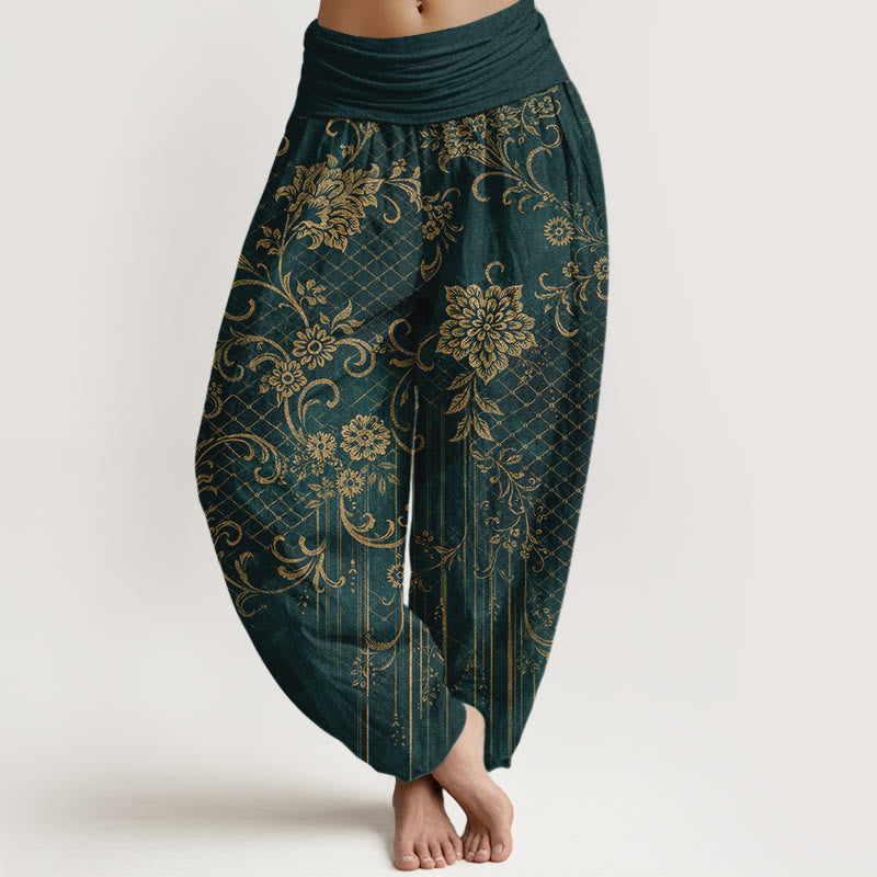 Nimara Ritual Pure Cotton Classical Flower Leaf Vine Pattern Women's Elastic Waist Harem Pants
