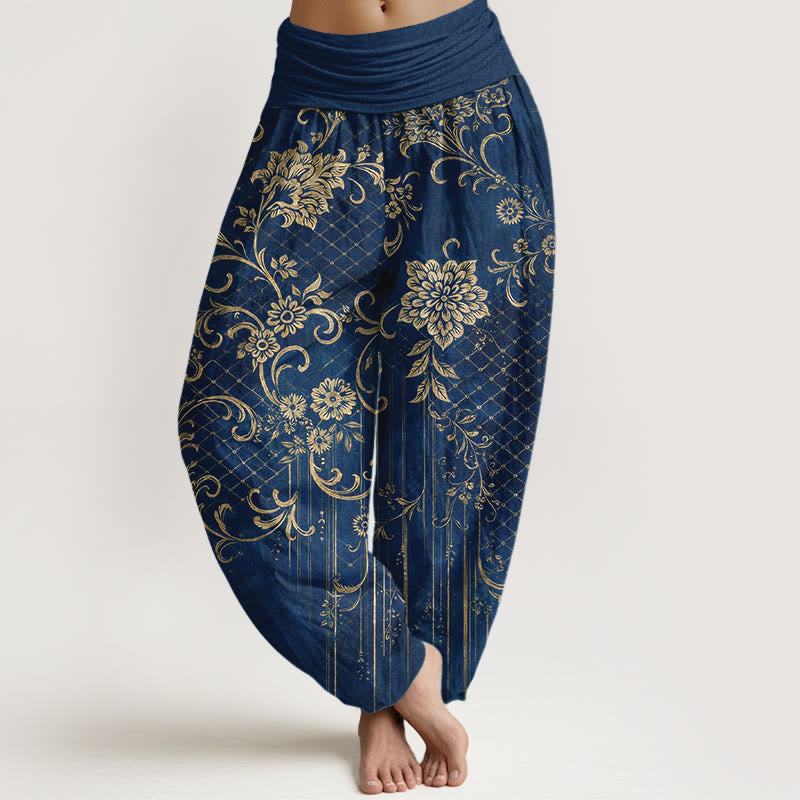 Nimara Ritual Pure Cotton Classical Flower Leaf Vine Pattern Women's Elastic Waist Harem Pants