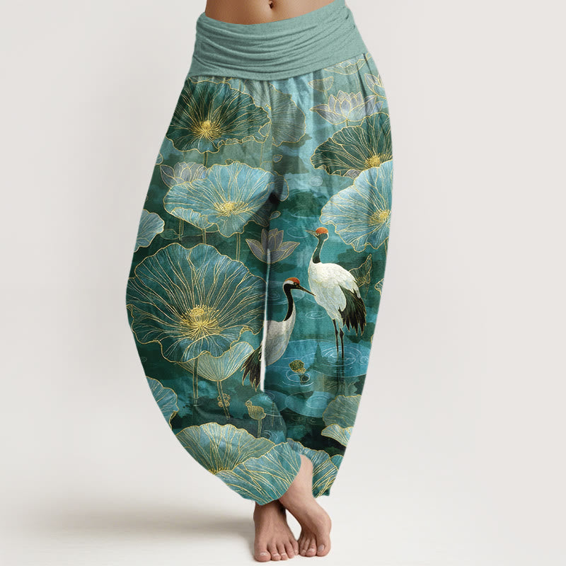 Nimara Ritual Pure Cotton Elegant Crane Lotus Flower Leaf Pattern Women's Elastic Waist Harem Pants