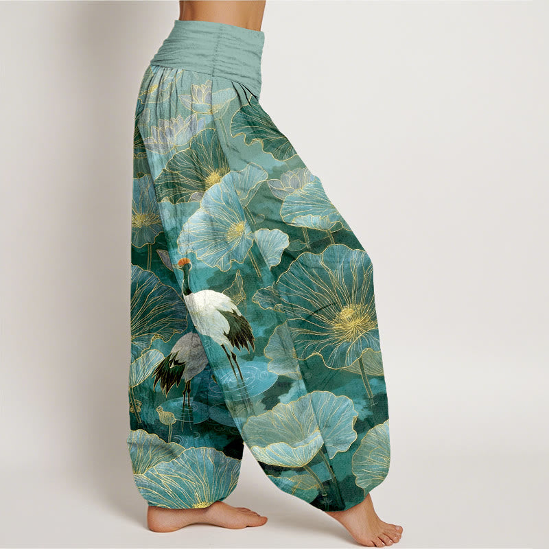 Nimara Ritual Pure Cotton Elegant Crane Lotus Flower Leaf Pattern Women's Elastic Waist Harem Pants