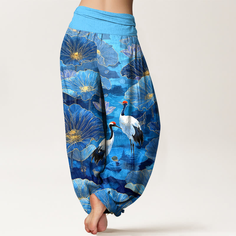 Nimara Ritual Pure Cotton Elegant Crane Lotus Flower Leaf Pattern Women's Elastic Waist Harem Pants