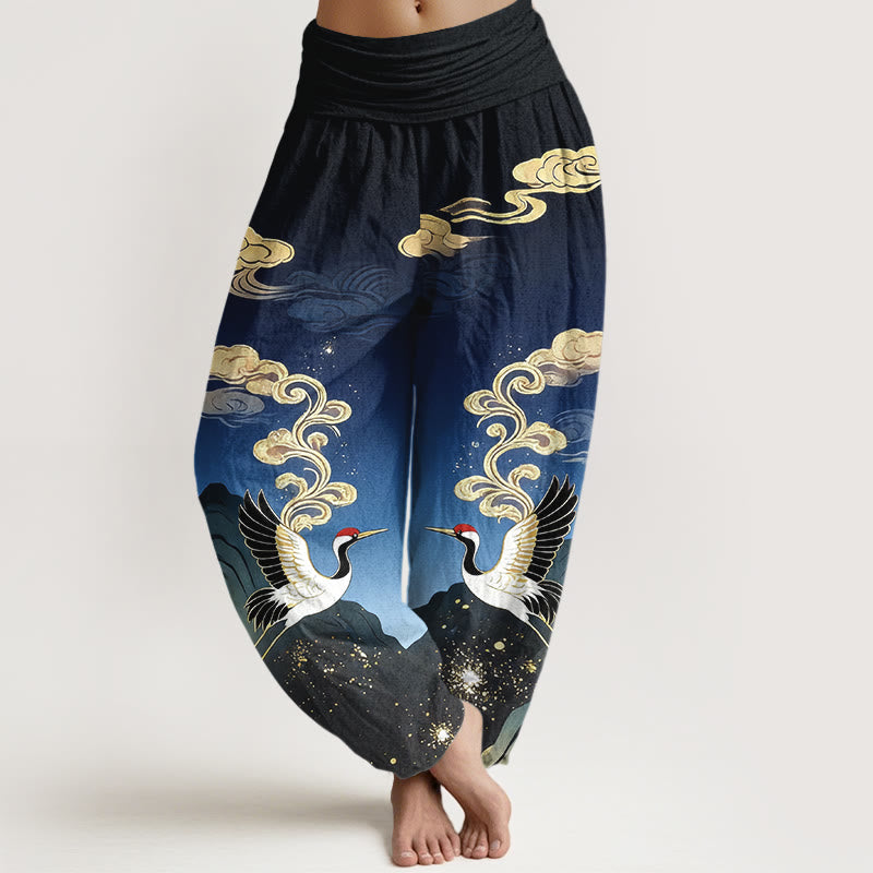 Nimara Ritual Pure Cotton Colorful Crane Cloud Mountain Pattern Women's Elastic Waist Harem Pants