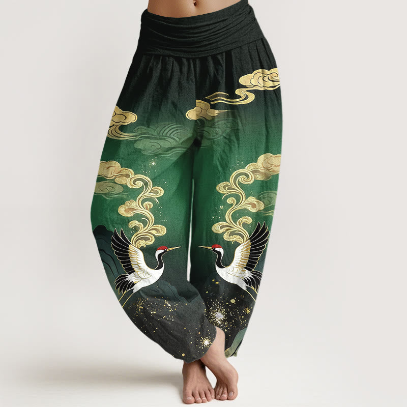 Nimara Ritual Pure Cotton Colorful Crane Cloud Mountain Pattern Women's Elastic Waist Harem Pants