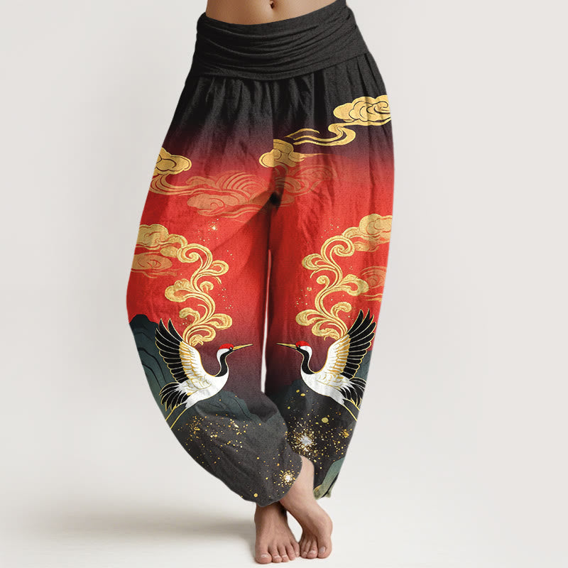 Nimara Ritual Pure Cotton Colorful Crane Cloud Mountain Pattern Women's Elastic Waist Harem Pants
