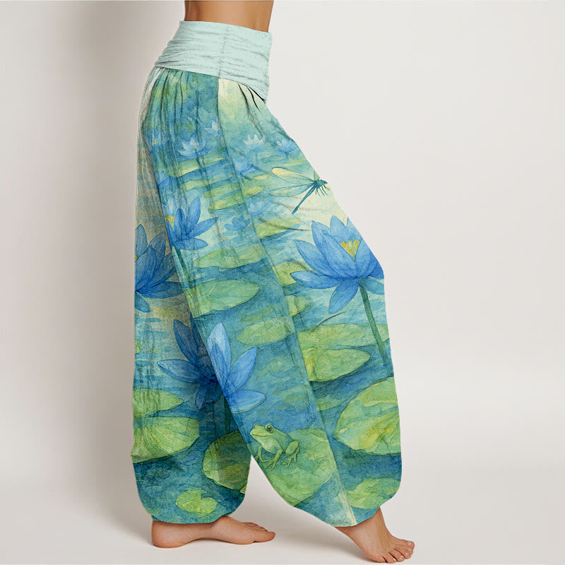 Nimara Ritual Pure Cotton Fresh Elegant Lotus Flower Leaf Dragonfly Frog Pattern Women's Elastic Waist Harem Pants