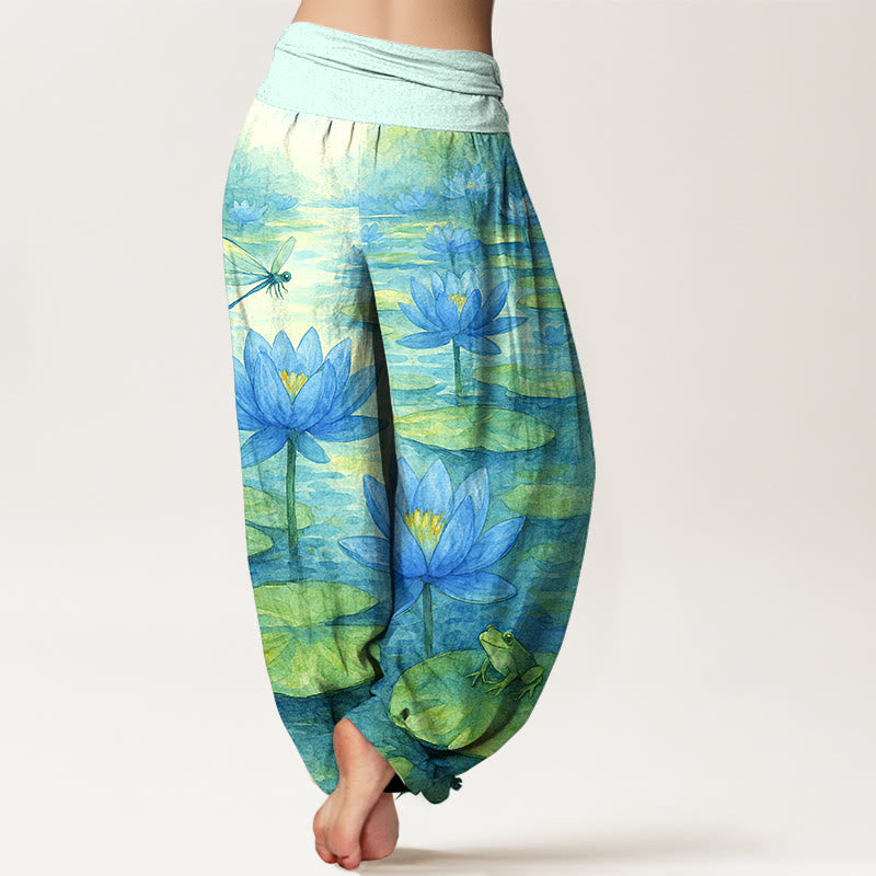 Nimara Ritual Pure Cotton Fresh Elegant Lotus Flower Leaf Dragonfly Frog Pattern Women's Elastic Waist Harem Pants