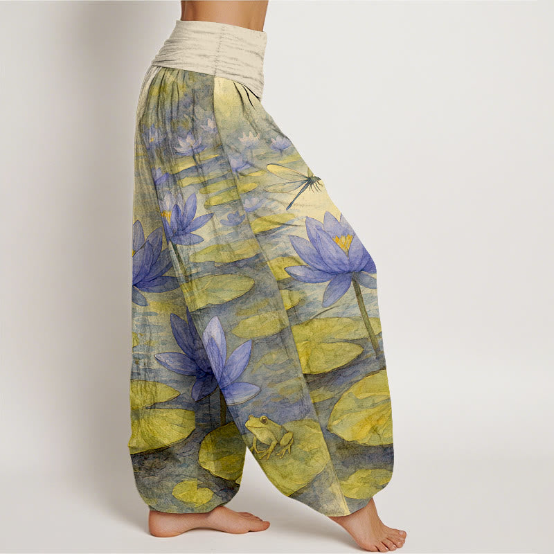 Nimara Ritual Pure Cotton Fresh Elegant Lotus Flower Leaf Dragonfly Frog Pattern Women's Elastic Waist Harem Pants