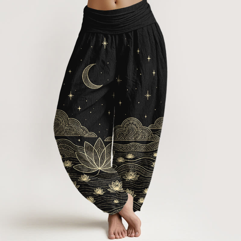 Nimara Ritual Pure Cotton Elegant Moon Star Cloud Lotus Flower Water Ripple Pattern Women's Elastic Waist Harem Pants