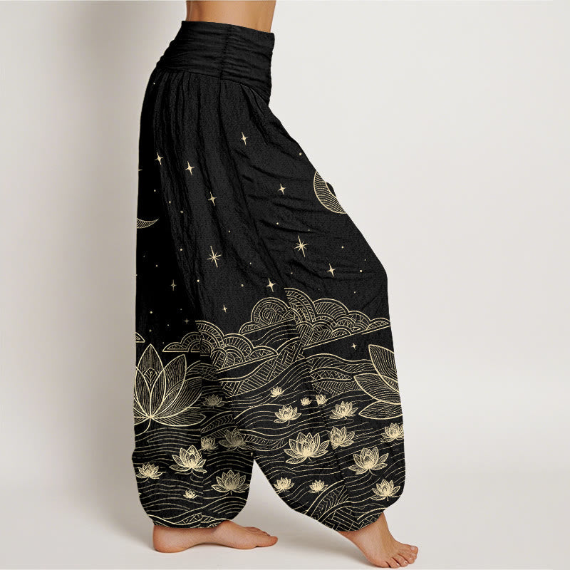Nimara Ritual Pure Cotton Elegant Moon Star Cloud Lotus Flower Water Ripple Pattern Women's Elastic Waist Harem Pants