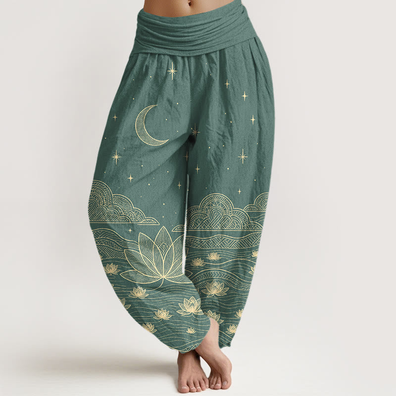 Nimara Ritual Pure Cotton Elegant Moon Star Cloud Lotus Flower Water Ripple Pattern Women's Elastic Waist Harem Pants
