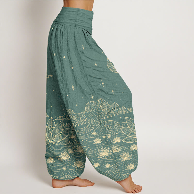 Nimara Ritual Pure Cotton Elegant Moon Star Cloud Lotus Flower Water Ripple Pattern Women's Elastic Waist Harem Pants