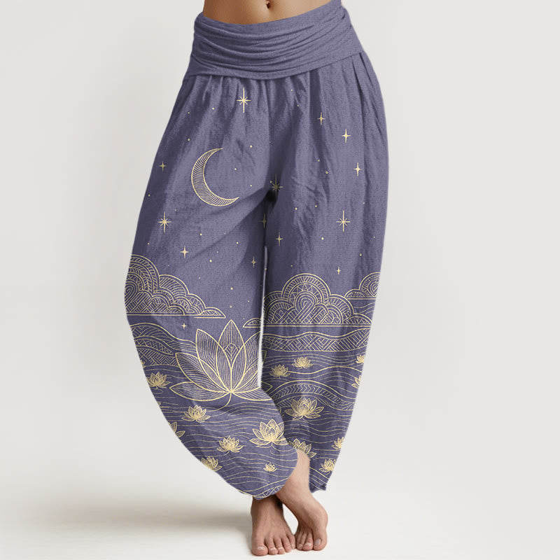 Nimara Ritual Pure Cotton Elegant Moon Star Cloud Lotus Flower Water Ripple Pattern Women's Elastic Waist Harem Pants