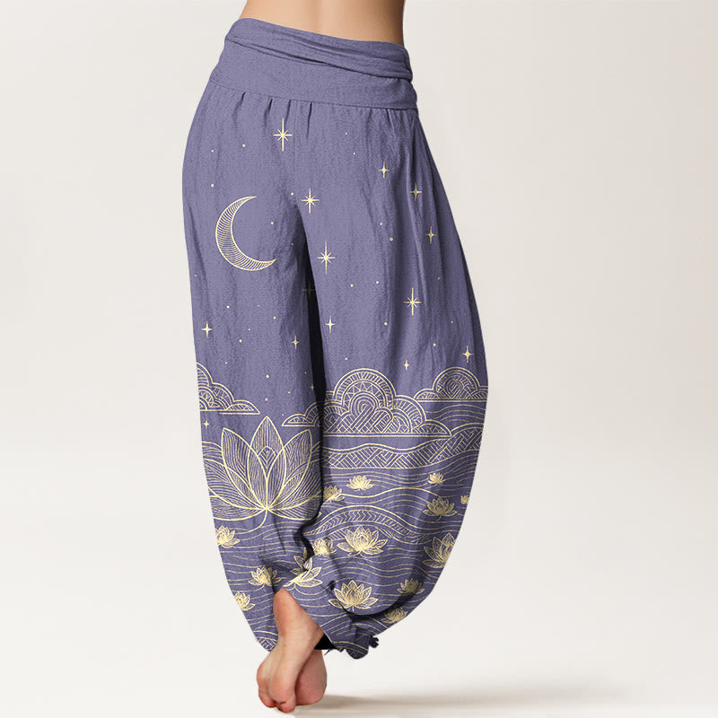 Nimara Ritual Pure Cotton Elegant Moon Star Cloud Lotus Flower Water Ripple Pattern Women's Elastic Waist Harem Pants