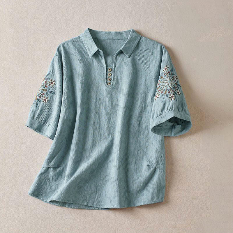 Nimara Ritual Casual Floral Pattern Lapel Women's Cotton T-shirt