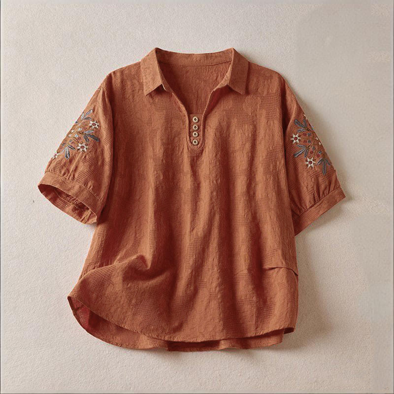 Nimara Ritual Casual Floral Pattern Lapel Women's Cotton T-shirt
