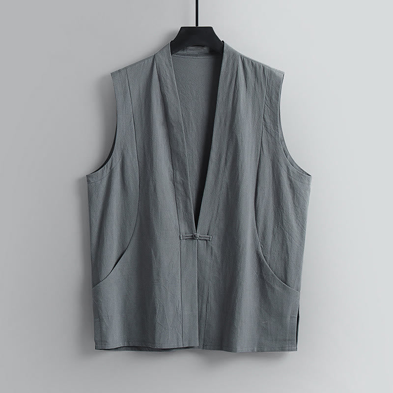 Nimara Ritual Summer Solid Color V-Neck Frog-Button Sleeveless Men's Cotton Linen Vest