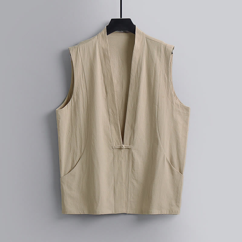 Nimara Ritual Summer Solid Color V-Neck Frog-Button Sleeveless Men's Cotton Linen Vest