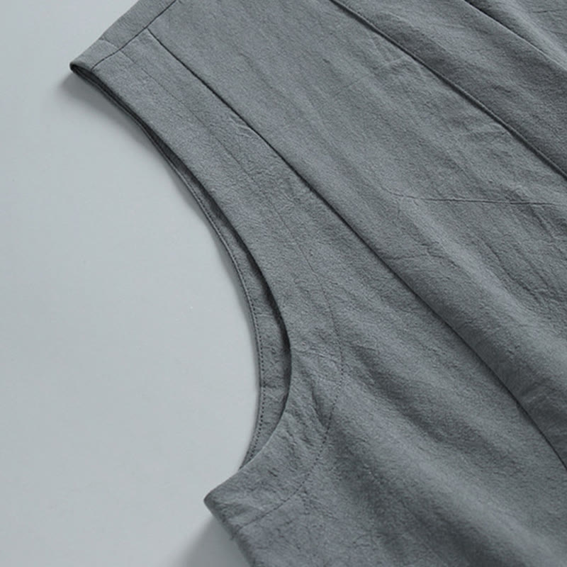 Nimara Ritual Summer Solid Color V-Neck Frog-Button Sleeveless Men's Cotton Linen Vest