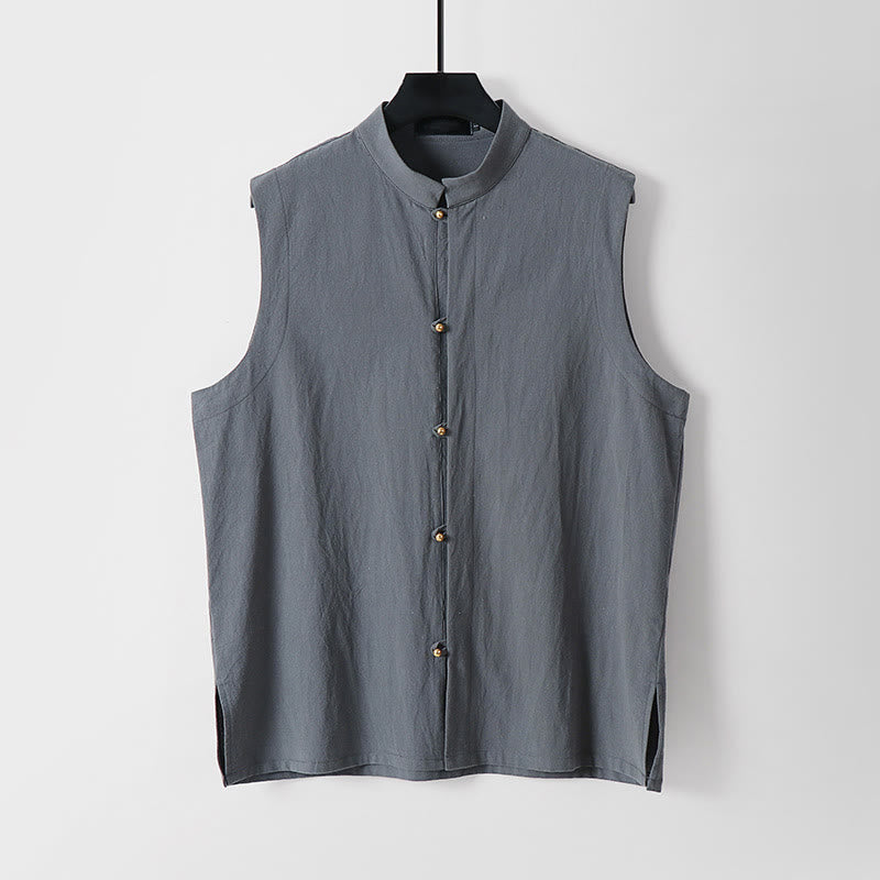 Nimara Ritual Summer Solid Color Stand Collar Men's Cotton Linen Sleeveless Vest