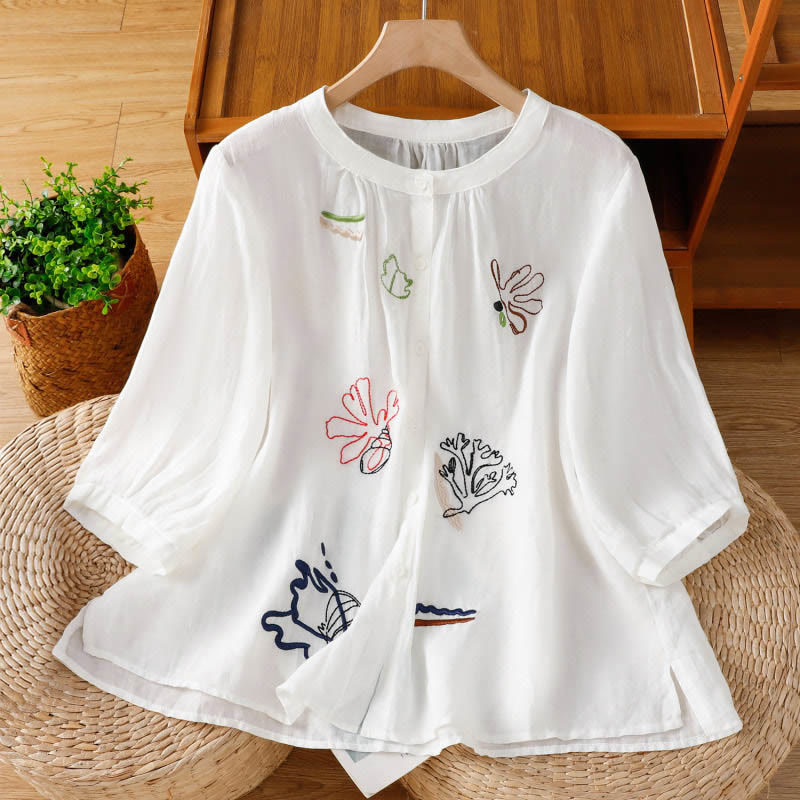 Nimara Ritual Coral Gourd Pattern Crew Neck Half Sleeve Women's Polyester Shirt