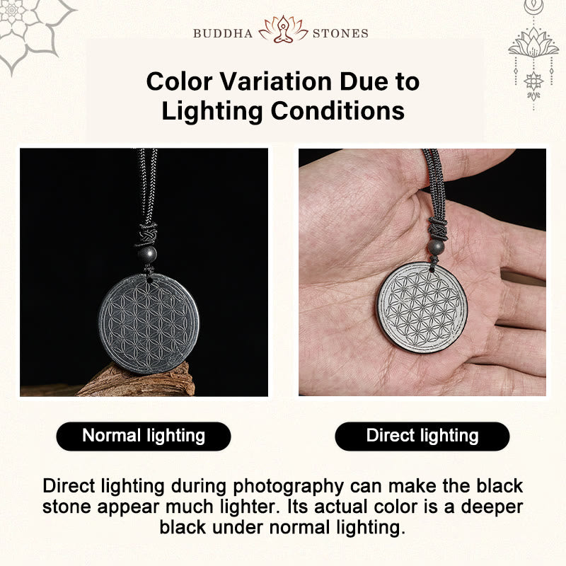 Nimara Ritual Flower of Life Carving Design Authentic Shungite Stone Protection Necklace Pendant
