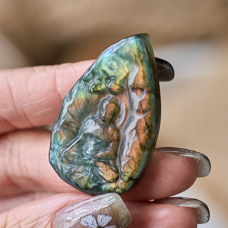 Nimara Ritual Engraving Buddha Natural Labradorite Teardrop Shape Figurine Cure Statue Home Decoration