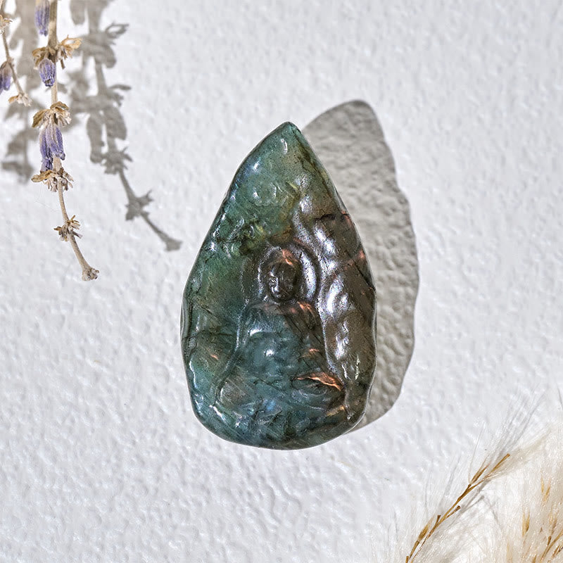 Nimara Ritual Engraving Buddha Natural Labradorite Teardrop Shape Figurine Cure Statue Home Decoration