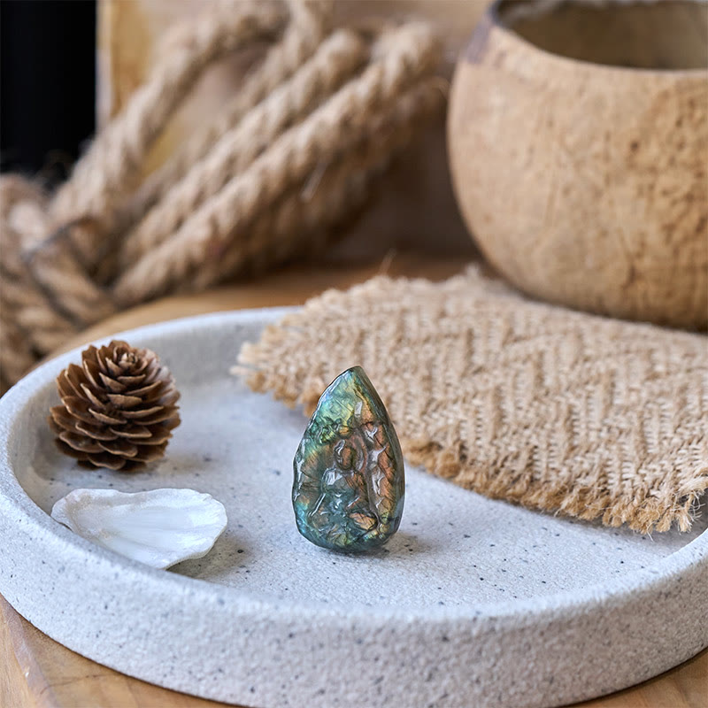 Nimara Ritual Engraving Buddha Natural Labradorite Teardrop Shape Figurine Cure Statue Home Decoration