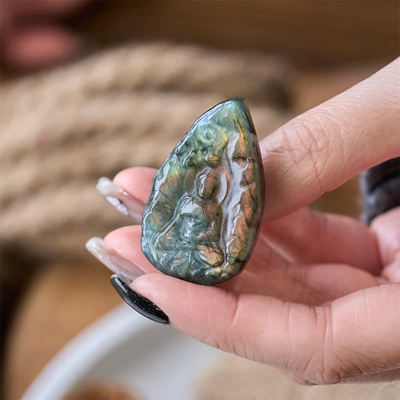 Nimara Ritual Engraving Buddha Natural Labradorite Teardrop Shape Figurine Cure Statue Home Decoration