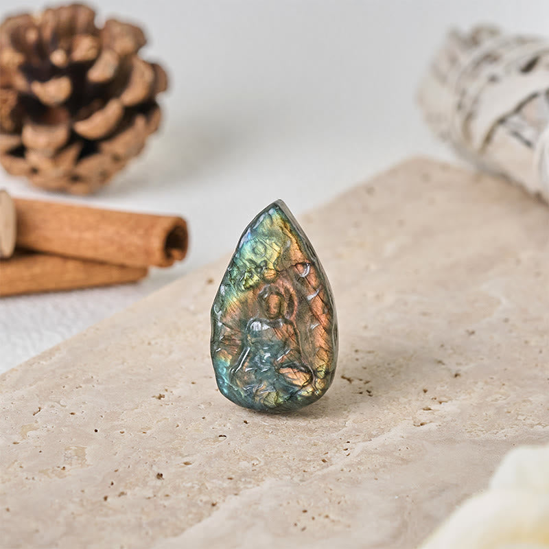 Nimara Ritual Engraving Buddha Natural Labradorite Teardrop Shape Figurine Cure Statue Home Decoration