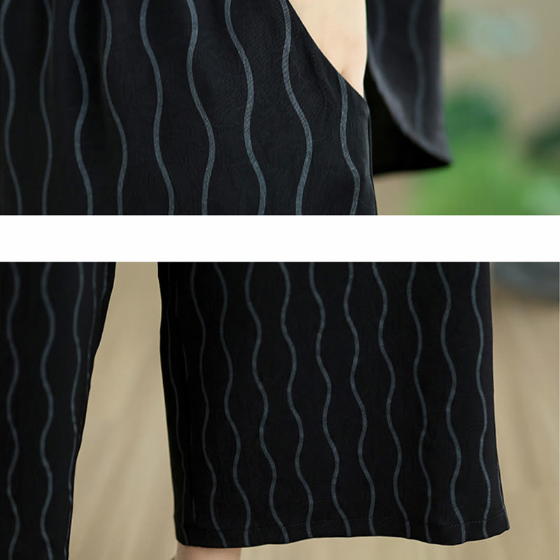 Nimara Ritual 2pcs Striped Pattern Short Sleeve Shirt Polyester 7 Length Harem Pants Set With Pocket