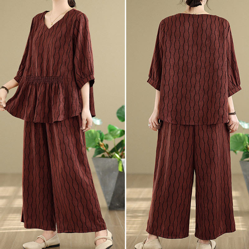 Nimara Ritual 2pcs Striped Pattern Short Sleeve Shirt Polyester 7 Length Harem Pants Set With Pocket