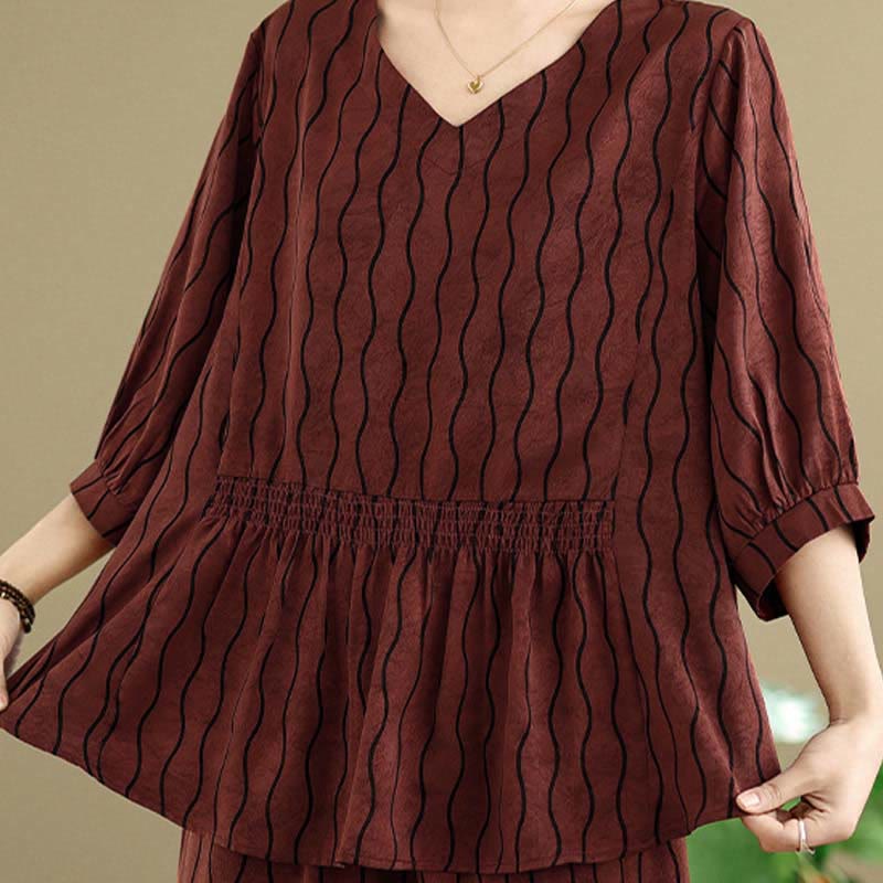 Nimara Ritual 2pcs Striped Pattern Short Sleeve Shirt Polyester 7 Length Harem Pants Set With Pocket