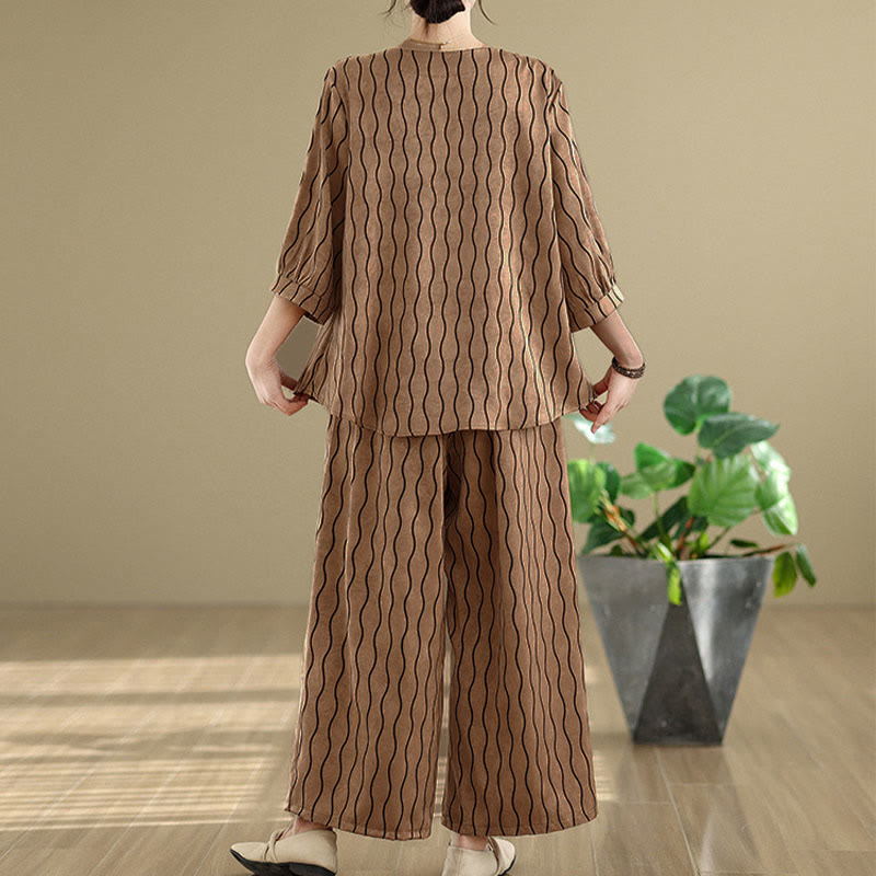 Nimara Ritual 2pcs Striped Pattern Short Sleeve Shirt Polyester 7 Length Harem Pants Set With Pocket
