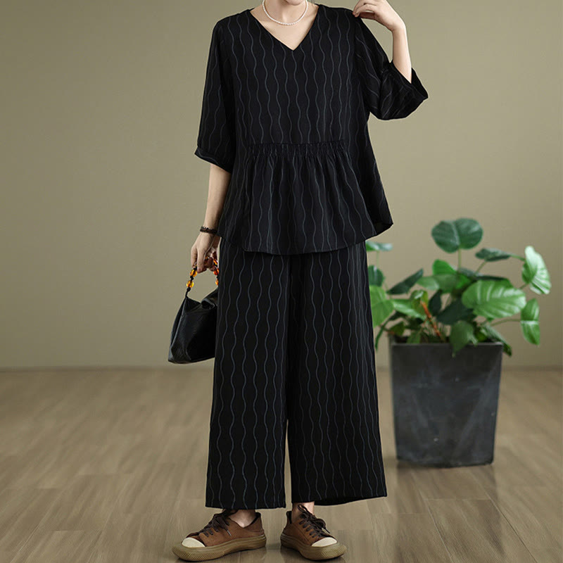 Nimara Ritual 2pcs Striped Pattern Short Sleeve Shirt Polyester 7 Length Harem Pants Set With Pocket